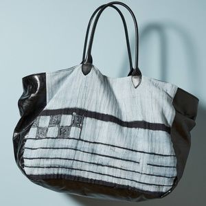 ANTHROPOLOGIE EBROIDERED DENIM LEATHER TOTE BAG